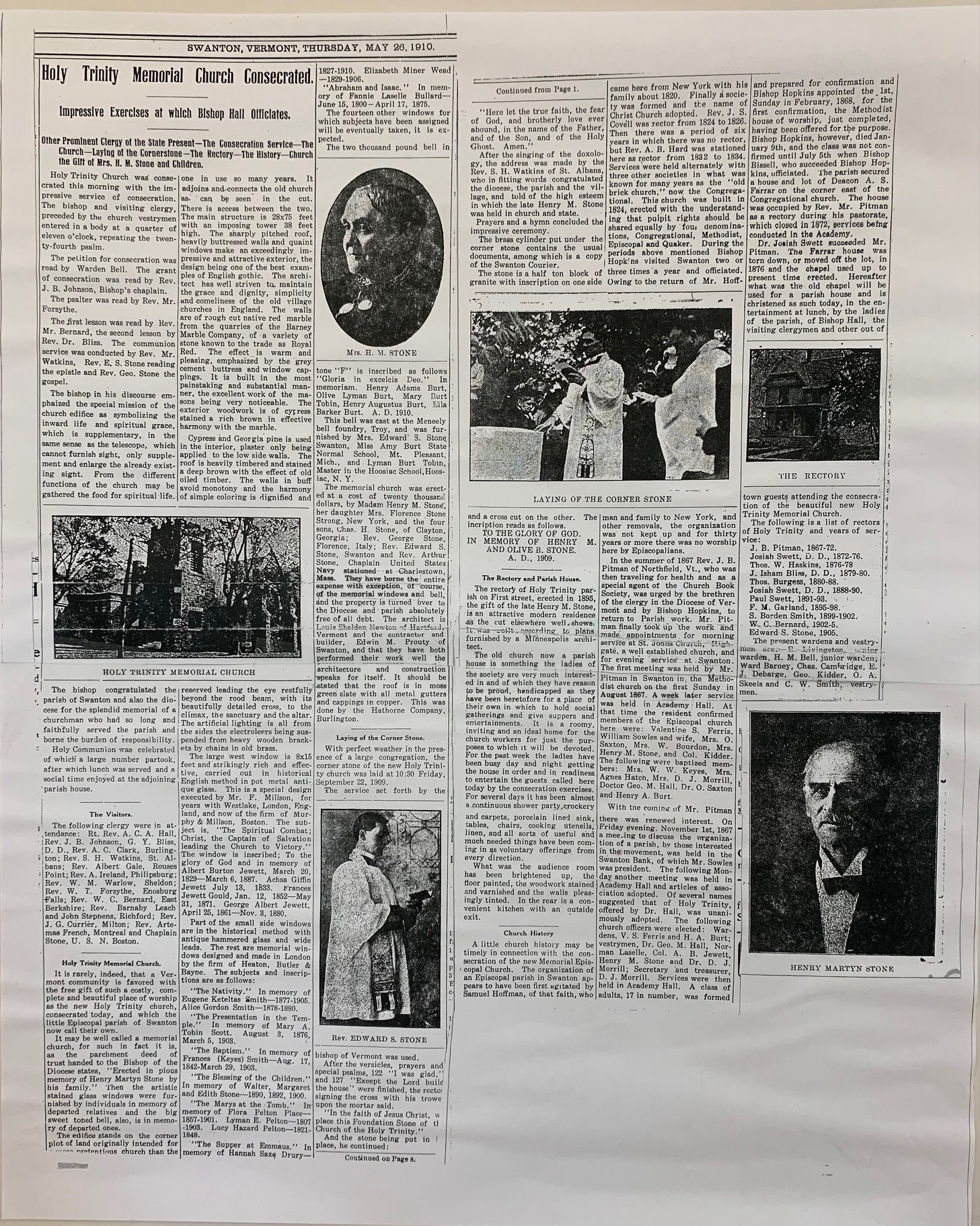 Holy Trinity Memorial Church consecrated May 26, 1910